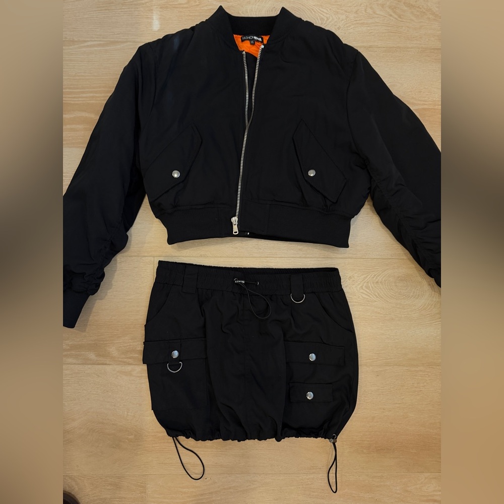 Fashion Nova Black Cropped Jacket and Skirt Set